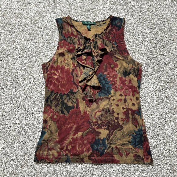 Lauren Ralph Lauren Y2K Womens Sz M Floral Ruffled Sleeveless Top Multicolor - Picture 2 of 7